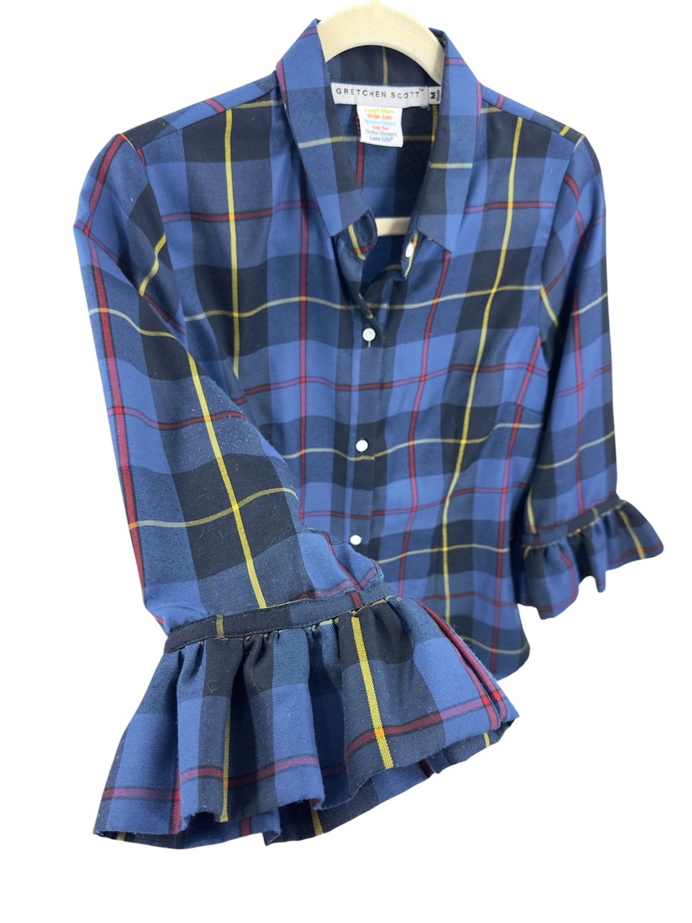 Gretchen Scott Duke Of York Priss Button Down Top Sz Medium Plaid Ruffle Sleeve - Picture 4 of 9